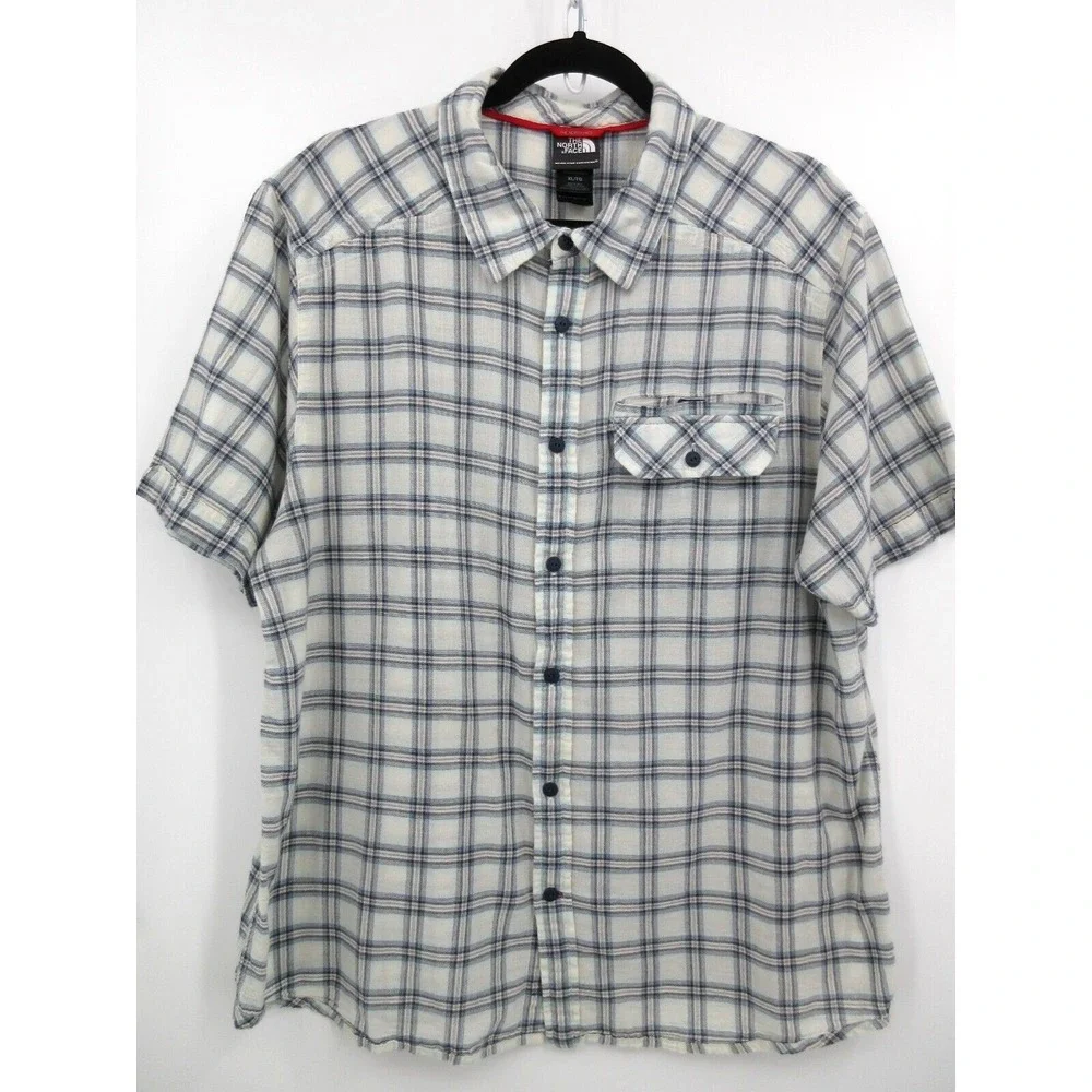 THE NORTH‎ FACE BUTTON FRONT SHORT SLEEVE SHIRT Men's Size XL White Blue Plaid